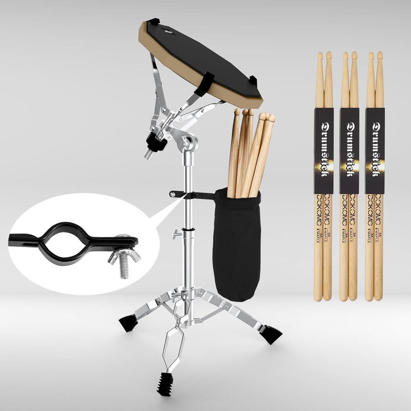 Dokomo Drum Practice Pad with Snare Drum Stand Set, 12-Inch Double Sided Silent Practice Pad Kit with Drum Sticks, Drumstick Holder, Luminous Carrying Bag, Grey (Fits 8''-15'' Drums), Black - Image 3